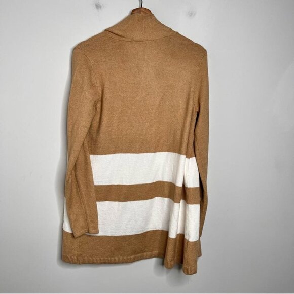 LOFT Womens Size Small Camel White Colorblock Open Front Cardigan Sweater Pocket - Picture 2 of 9